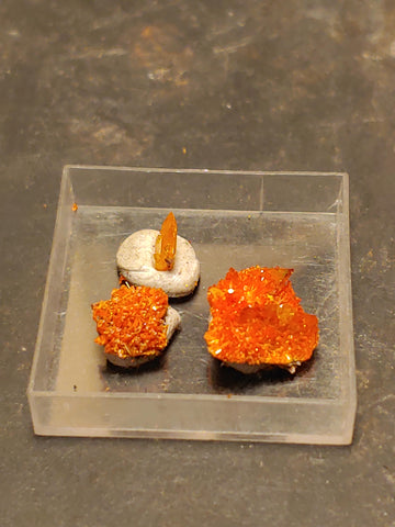 3 pieces Wulfenite and Mimetite from Rowley Mine, Arizona. 2.8 cm #4086