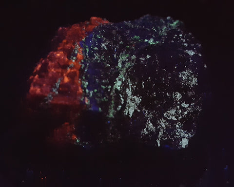 Calcite, Fluorite, Willemite (fluorescent), Arizona. Stock #3623sl